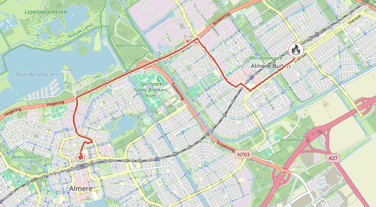 Kaart van de omgeving van de melding, met de kazerne die is gealarmeerd