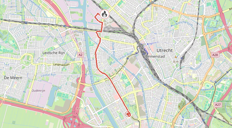 Kaart van de omgeving van de melding, met de kazerne die is gealarmeerd