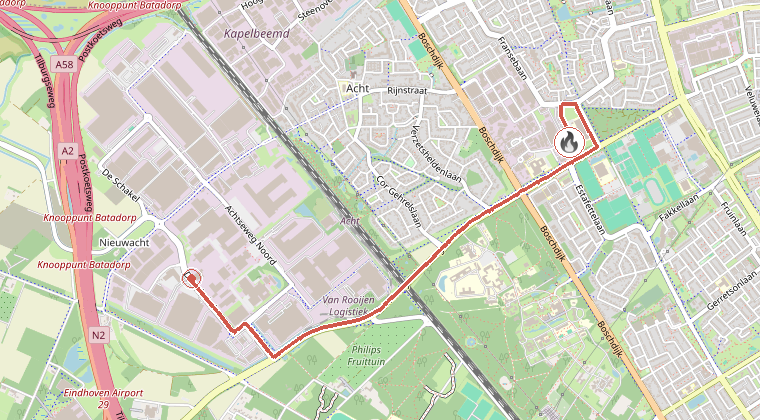 Kaart van de omgeving van de melding, met de kazerne die is gealarmeerd