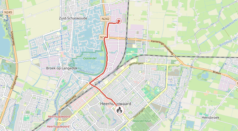 Kaart van de omgeving van de melding, met de kazerne die is gealarmeerd