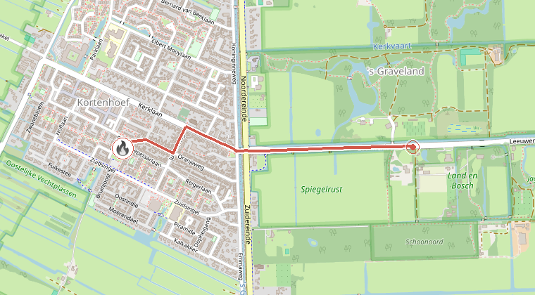 Kaart van de omgeving van de melding, met de kazerne die is gealarmeerd
