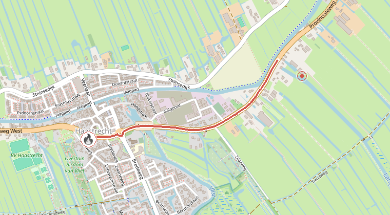 Kaart van de omgeving van de melding, met de kazerne die is gealarmeerd