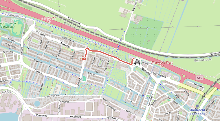 Kaart van de omgeving van de melding, met de kazerne die is gealarmeerd