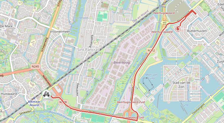Kaart van de omgeving van de melding, met de kazerne die is gealarmeerd