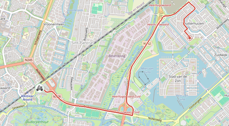 Kaart van de omgeving van de melding, met de kazerne die is gealarmeerd