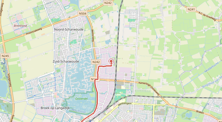 Kaart van de omgeving van de melding, met de kazerne die is gealarmeerd