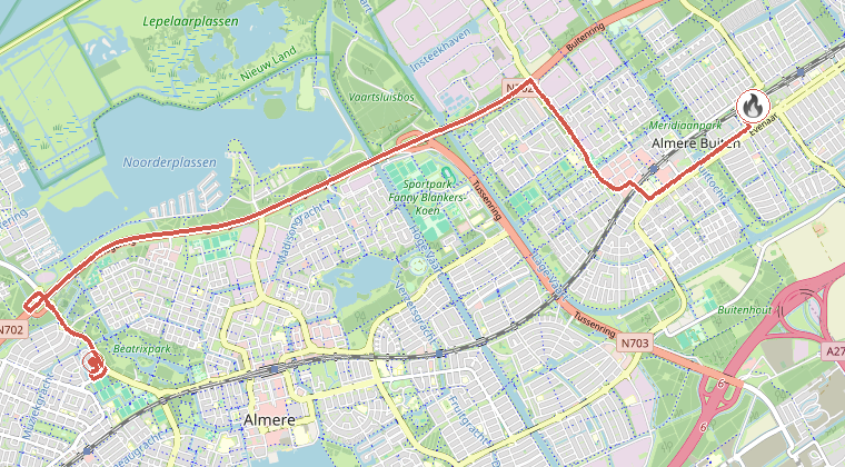 Kaart van de omgeving van de melding, met de kazerne die is gealarmeerd