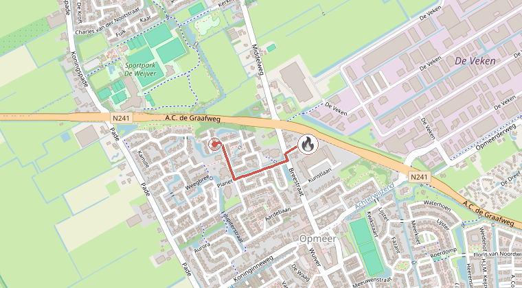 Kaart van de omgeving van de melding, met de kazerne die is gealarmeerd