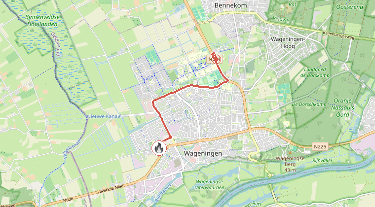 Kaart van de omgeving van de melding, met de kazerne die is gealarmeerd