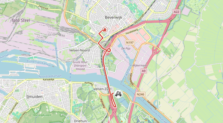 Kaart van de omgeving van de melding, met de kazerne die is gealarmeerd
