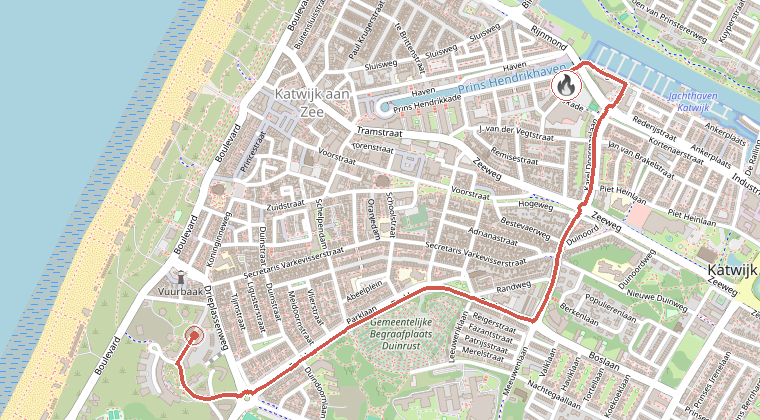 Kaart van de omgeving van de melding, met de kazerne die is gealarmeerd