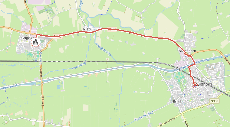 Kaart van de omgeving van de melding, met de kazerne die is gealarmeerd