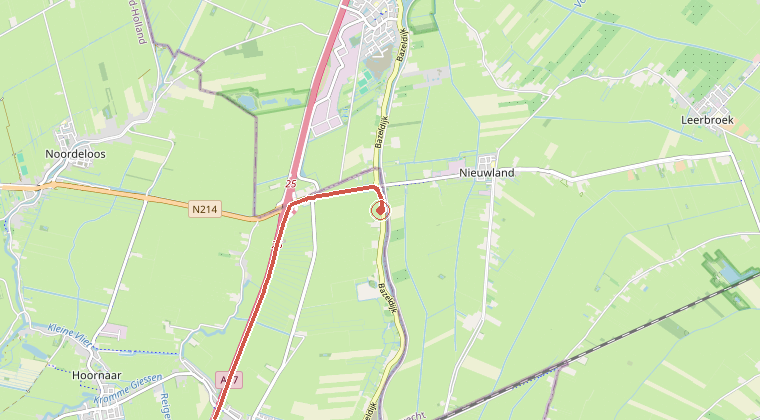 Kaart van de omgeving van de melding, met de kazerne die is gealarmeerd