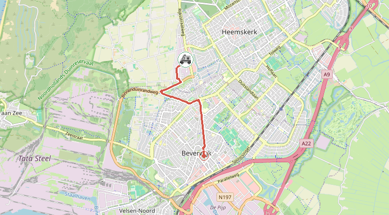 Kaart van de omgeving van de melding, met de kazerne die is gealarmeerd