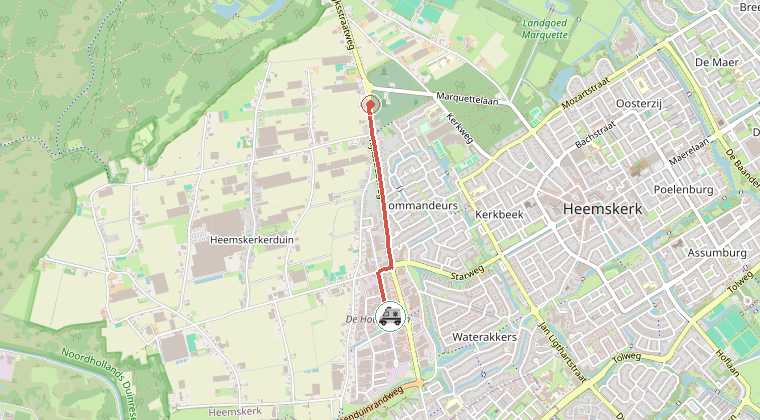 Kaart van de omgeving van de melding, met de kazerne die is gealarmeerd