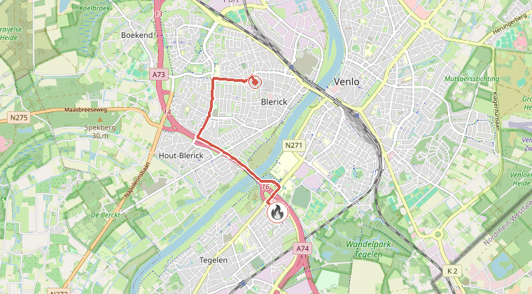 Kaart van de omgeving van de melding, met de kazerne die is gealarmeerd