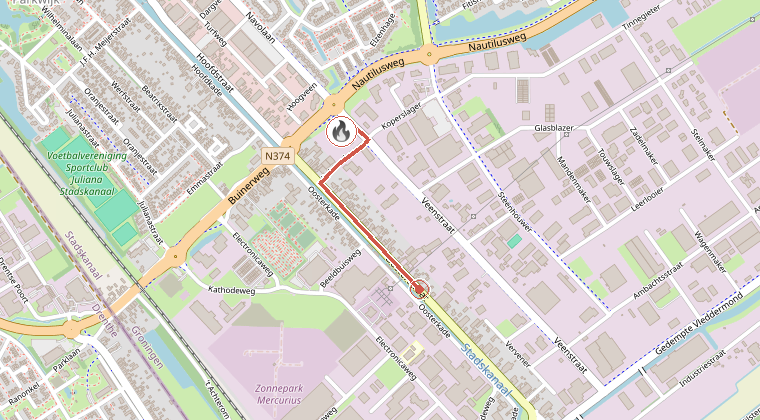 Kaart van de omgeving van de melding, met de kazerne die is gealarmeerd