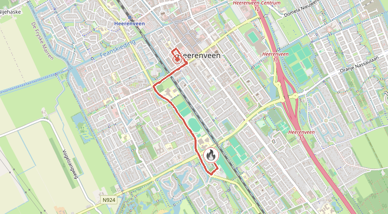 Kaart van de omgeving van de melding, met de kazerne die is gealarmeerd