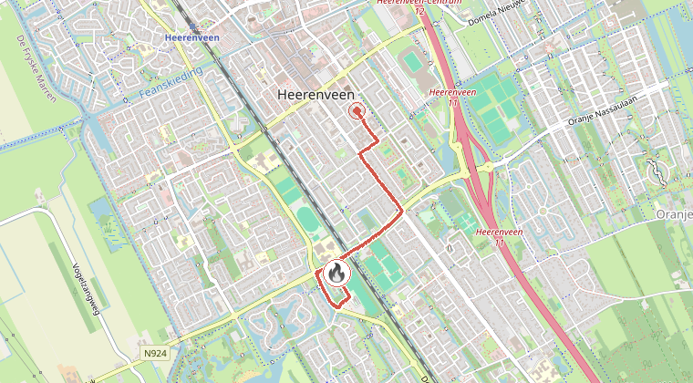 Kaart van de omgeving van de melding, met de kazerne die is gealarmeerd