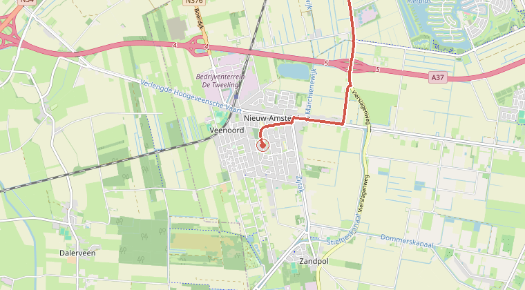 Kaart van de omgeving van de melding, met de kazerne die is gealarmeerd