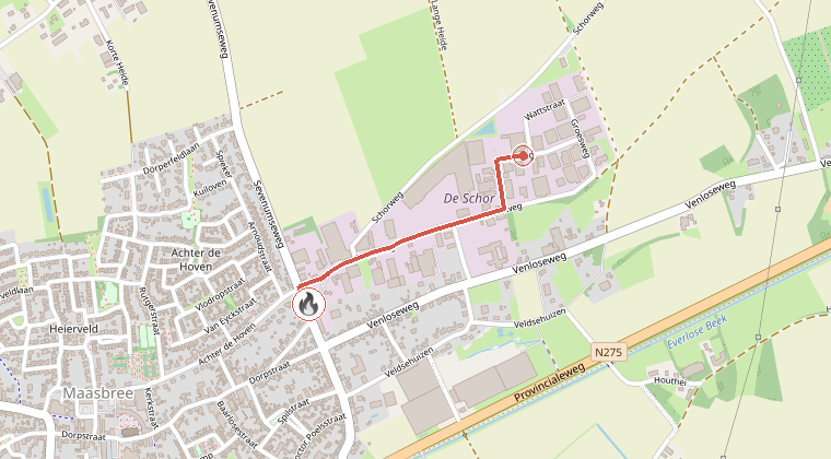 Kaart van de omgeving van de melding, met de kazerne die is gealarmeerd
