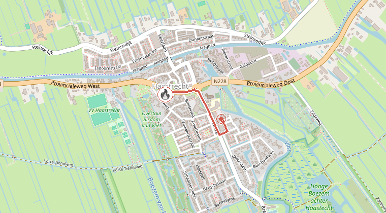 Kaart van de omgeving van de melding, met de kazerne die is gealarmeerd