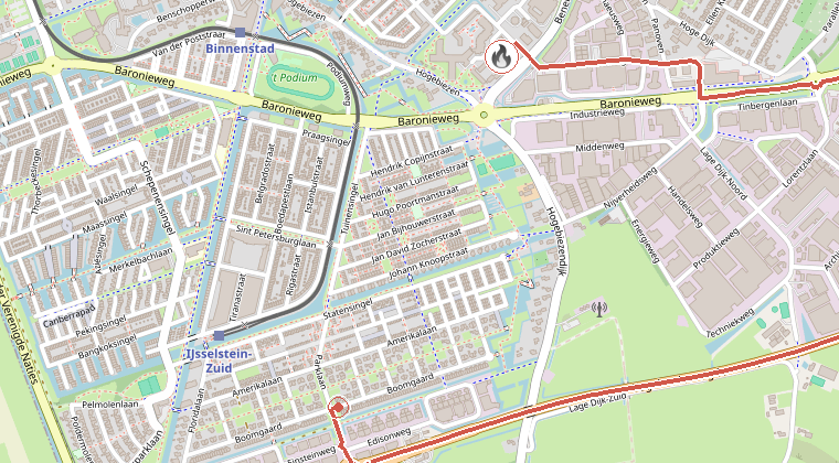 Kaart van de omgeving van de melding, met de kazerne die is gealarmeerd