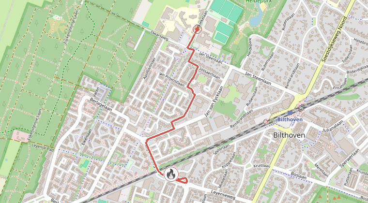 Kaart van de omgeving van de melding, met de kazerne die is gealarmeerd