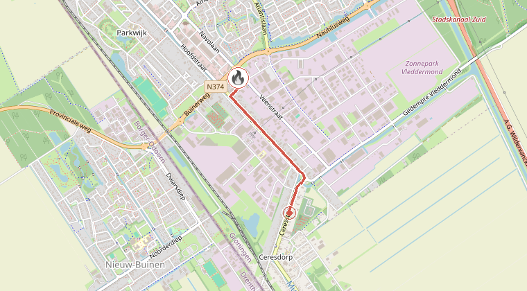 Kaart van de omgeving van de melding, met de kazerne die is gealarmeerd