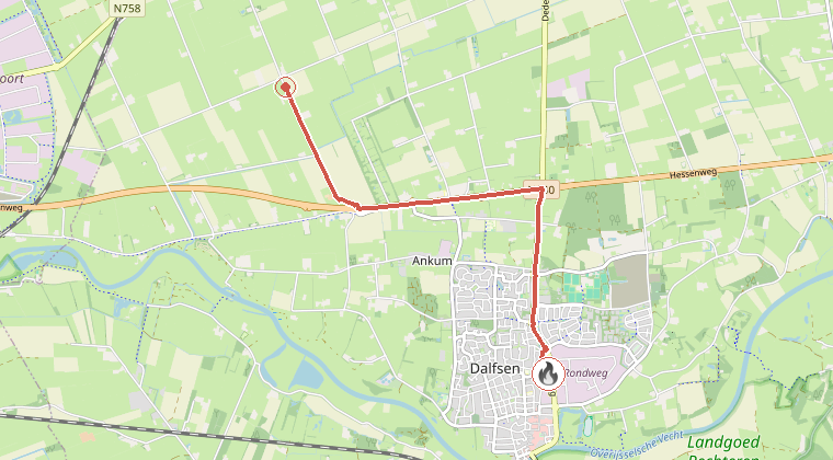 Kaart van de omgeving van de melding, met de kazerne die is gealarmeerd