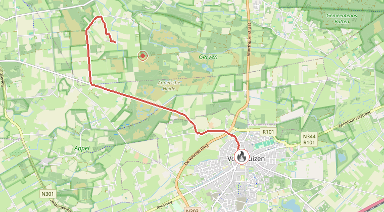 Kaart van de omgeving van de melding, met de kazerne die is gealarmeerd