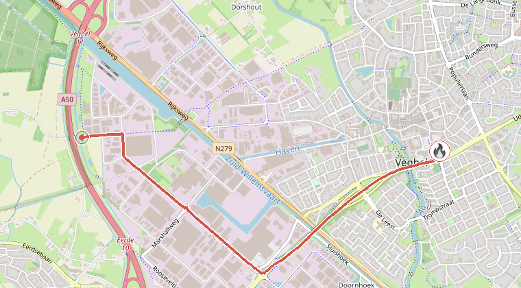 Kaart van de omgeving van de melding, met de kazerne die is gealarmeerd