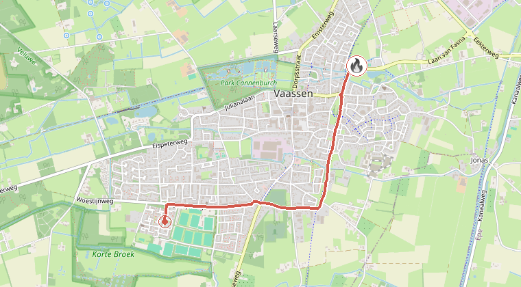Kaart van de omgeving van de melding, met de kazerne die is gealarmeerd