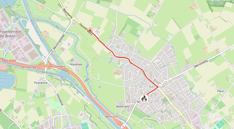 Kaart van de omgeving van de melding, met de kazerne die is gealarmeerd