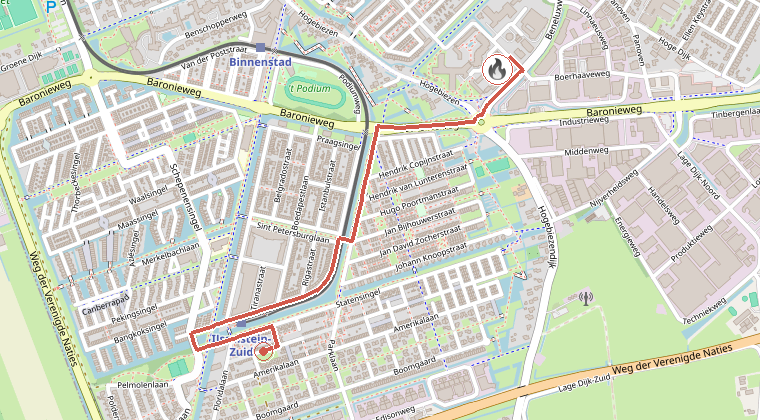 Kaart van de omgeving van de melding, met de kazerne die is gealarmeerd