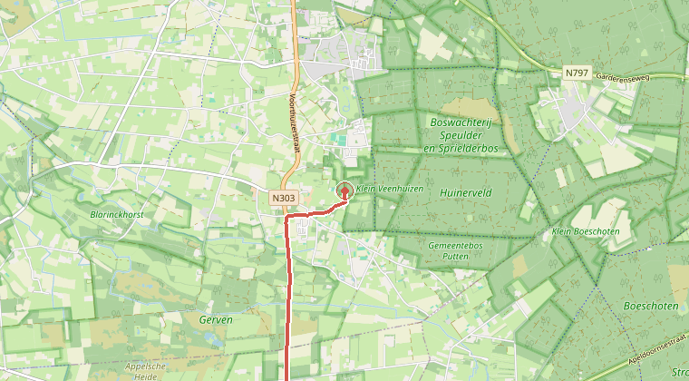 Kaart van de omgeving van de melding, met de kazerne die is gealarmeerd