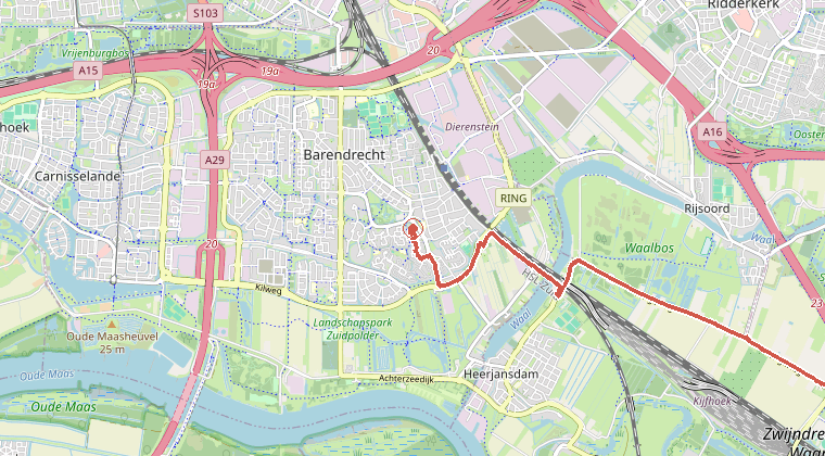 Kaart van de omgeving van de melding, met de kazerne die is gealarmeerd
