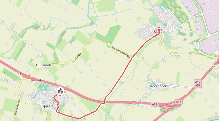 Kaart van de omgeving van de melding, met de kazerne die is gealarmeerd