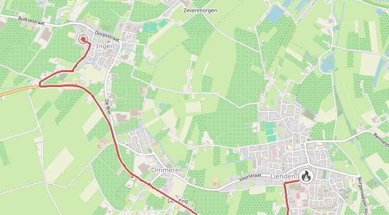 Kaart van de omgeving van de melding, met de kazerne die is gealarmeerd