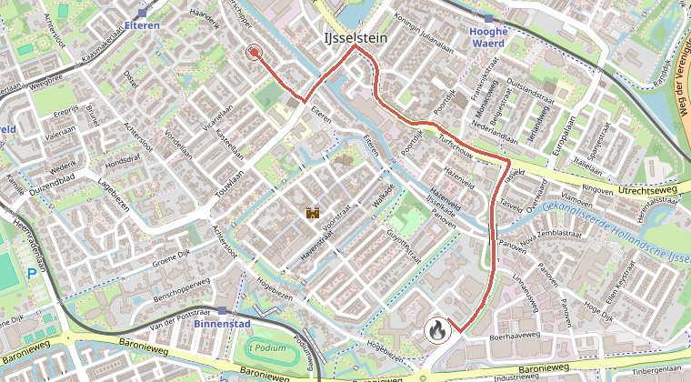 Kaart van de omgeving van de melding, met de kazerne die is gealarmeerd