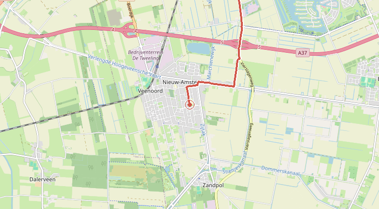 Kaart van de omgeving van de melding, met de kazerne die is gealarmeerd