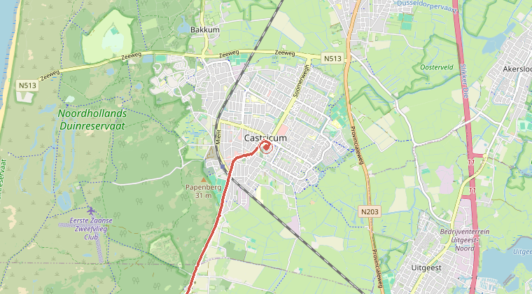 Kaart van de omgeving van de melding, met de kazerne die is gealarmeerd