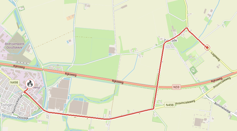 Kaart van de omgeving van de melding, met de kazerne die is gealarmeerd