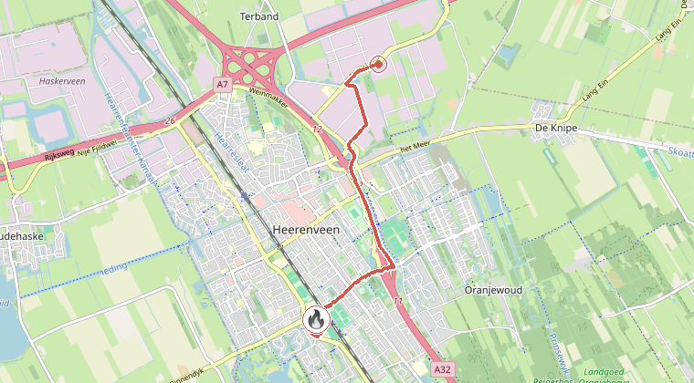 Kaart van de omgeving van de melding, met de kazerne die is gealarmeerd