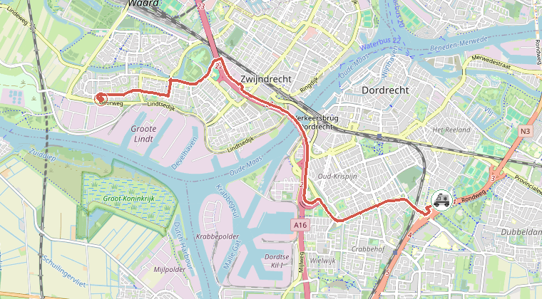 Kaart van de omgeving van de melding, met de kazerne die is gealarmeerd