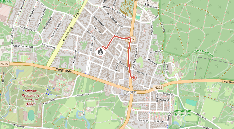 Kaart van de omgeving van de melding, met de kazerne die is gealarmeerd