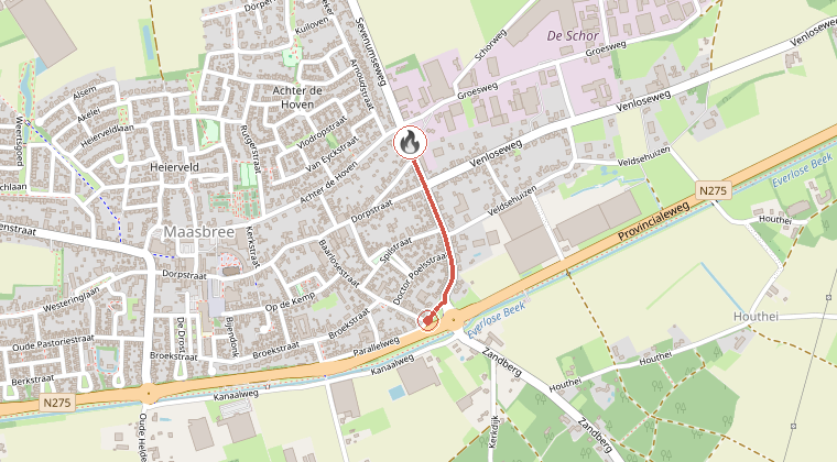 Kaart van de omgeving van de melding, met de kazerne die is gealarmeerd
