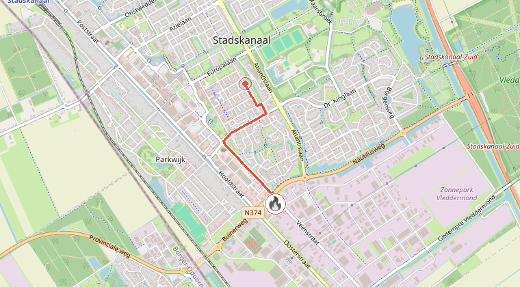 Kaart van de omgeving van de melding, met de kazerne die is gealarmeerd
