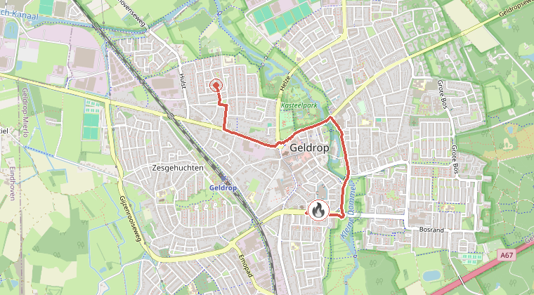 Kaart van de omgeving van de melding, met de kazerne die is gealarmeerd