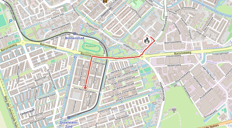Kaart van de omgeving van de melding, met de kazerne die is gealarmeerd